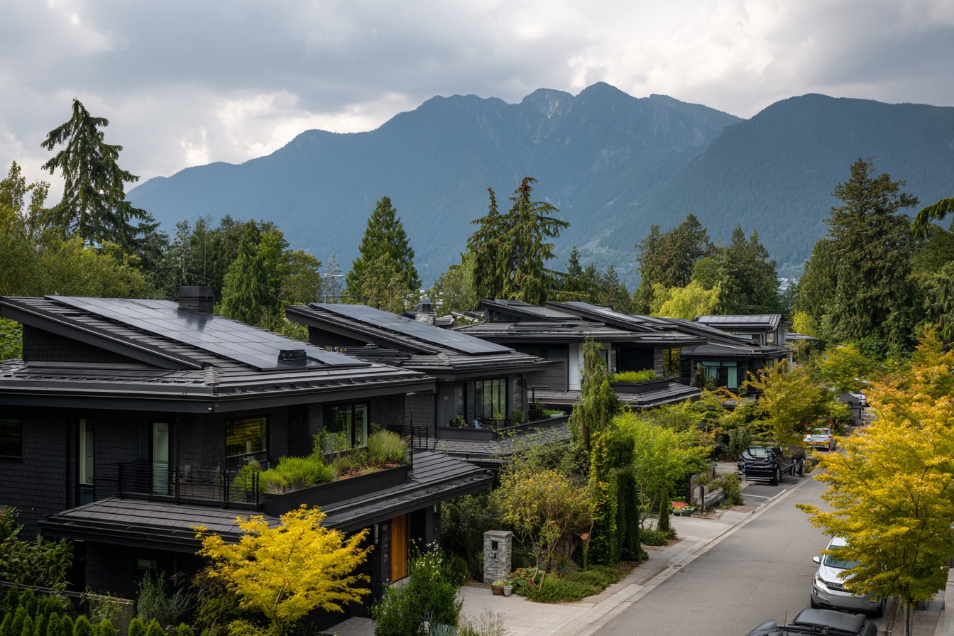 Row of modern Vancouver homes with all-black rooftop solar panels and North Shore mountains