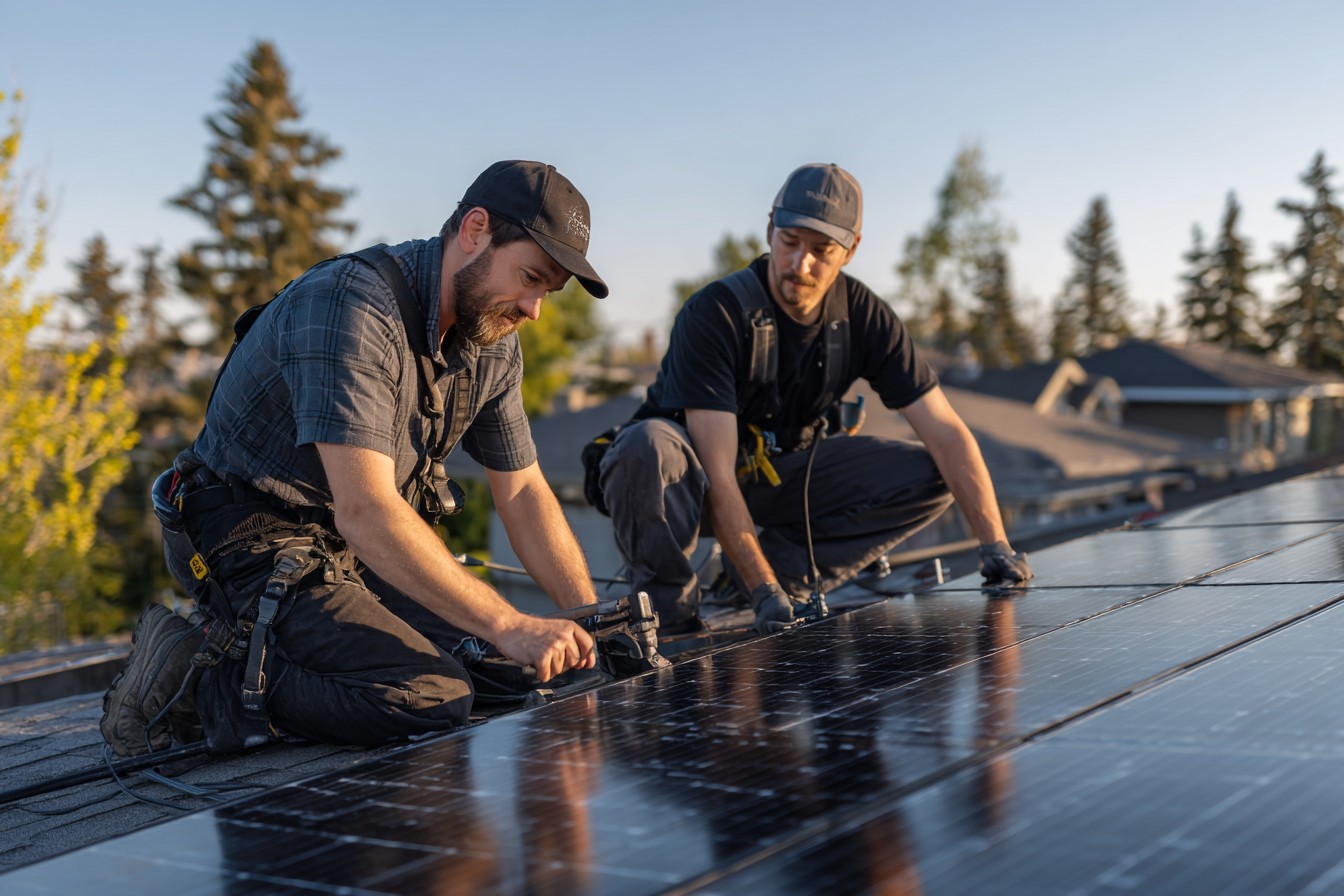 Two solar installers on Calgary suburban home roof securing all-black panels