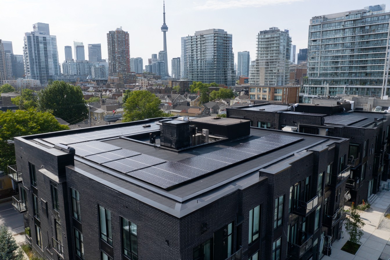 Rooftop all-black solar array on multi-unit building in Toronto with CN Tower in distance