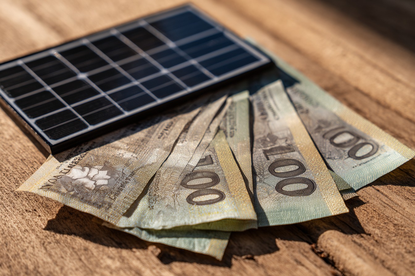 Canadian dollar bills fanned out next to miniature all-black solar panel model