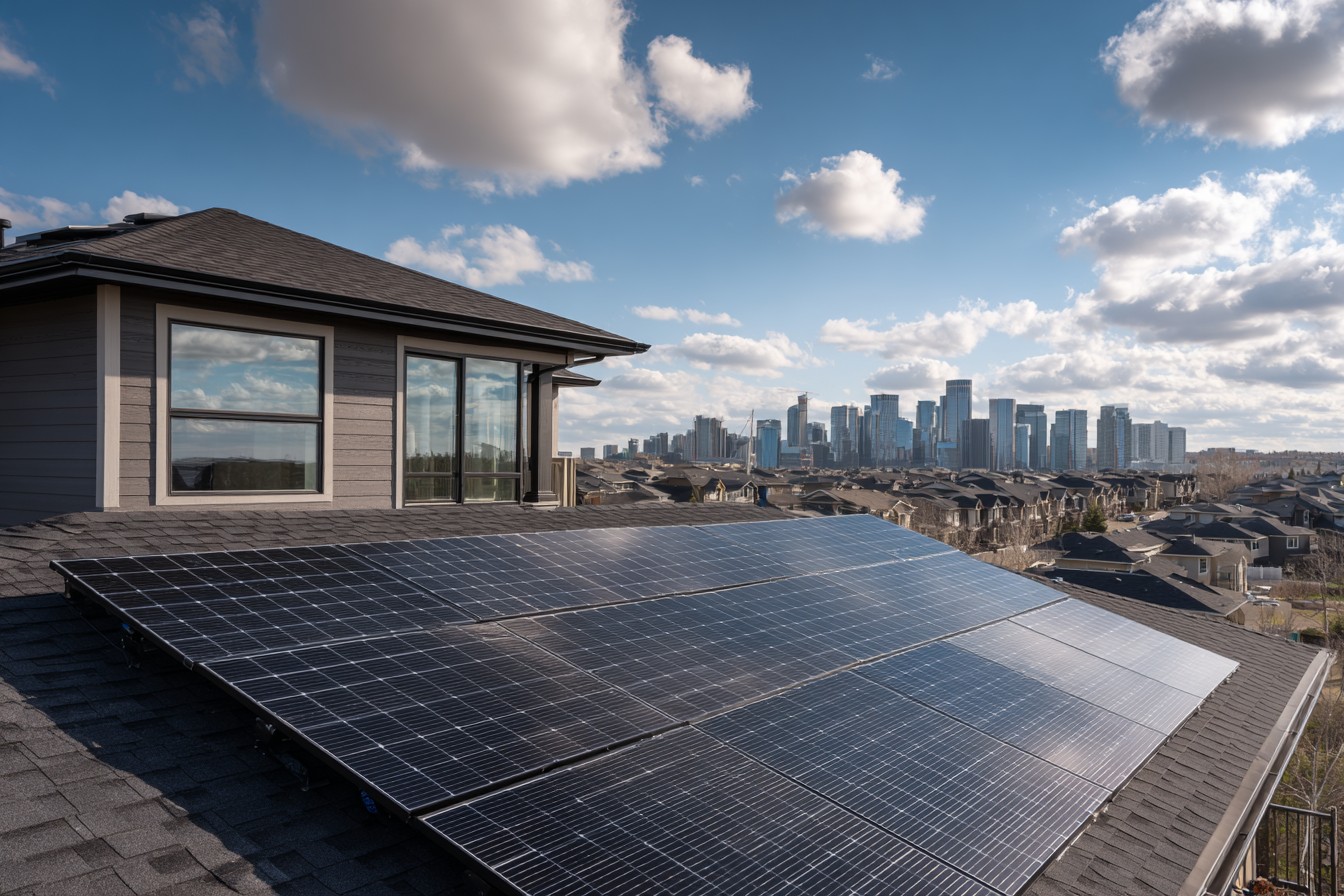 Alberta suburban home with freshly installed all-black solar panels and Edmonton skyline