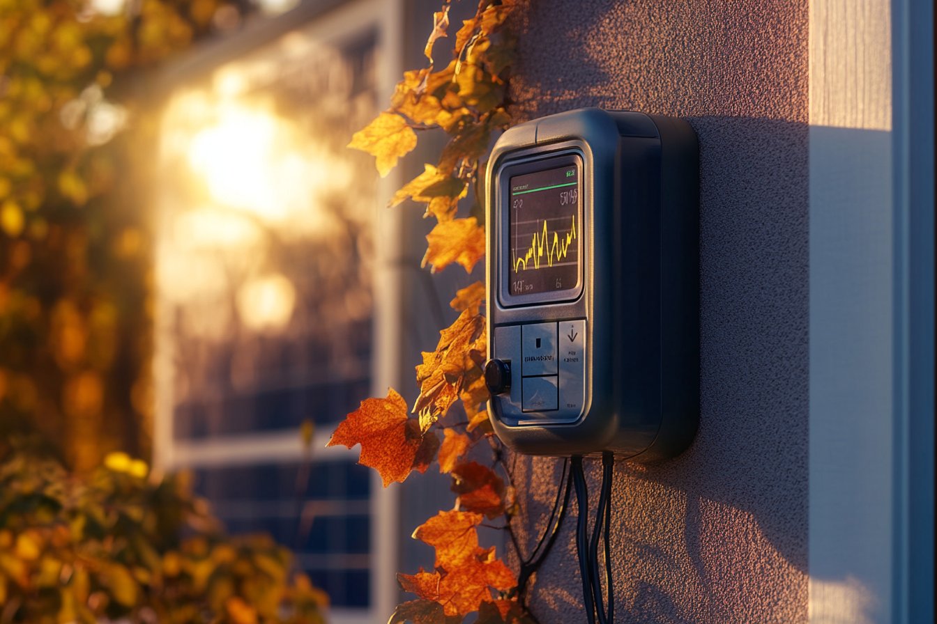 Digital smart meter displaying bidirectional energy flow from solar panels to grid