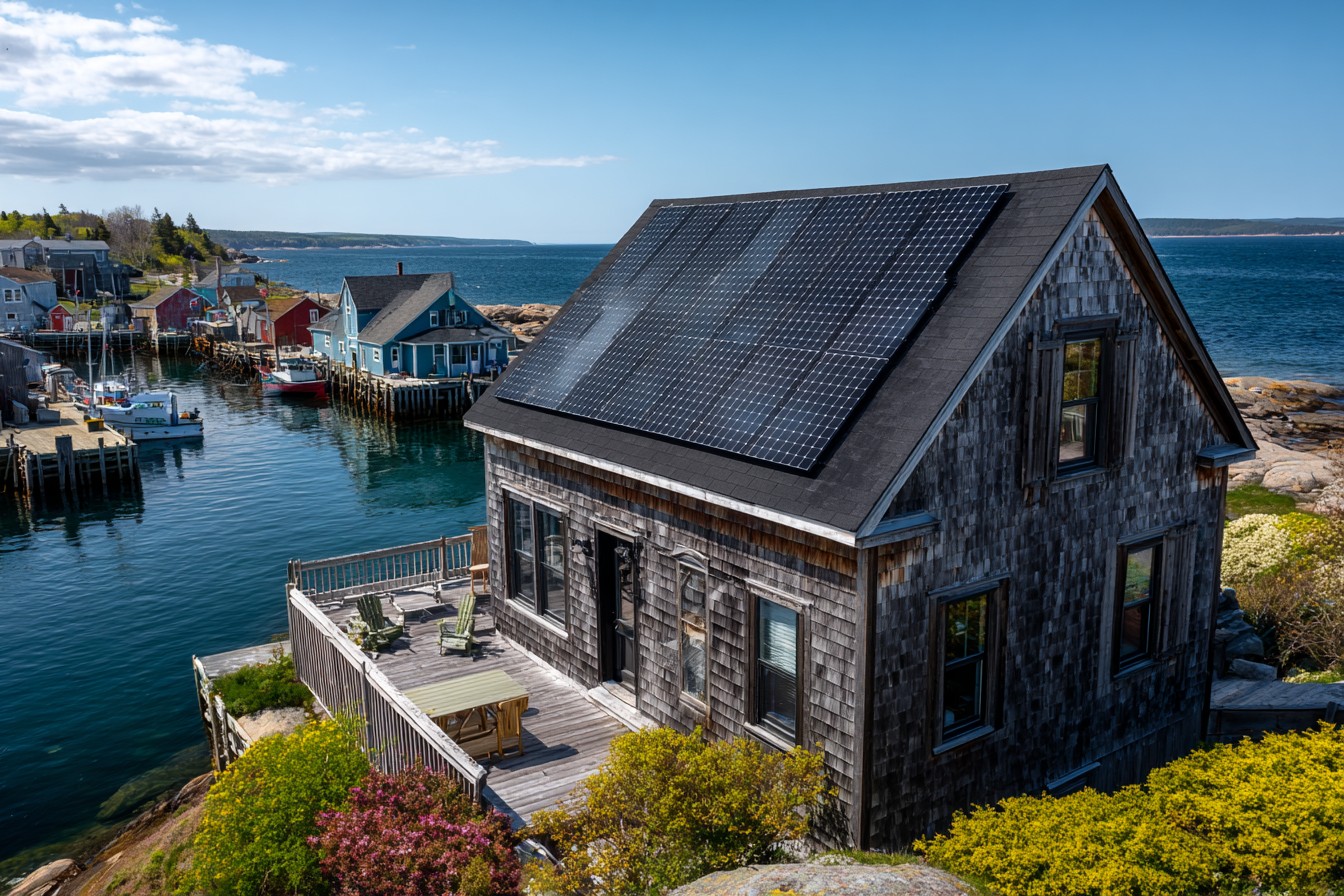 Maritime-style clapboard home in Nova Scotia with new all-black solar installation in coastal setting