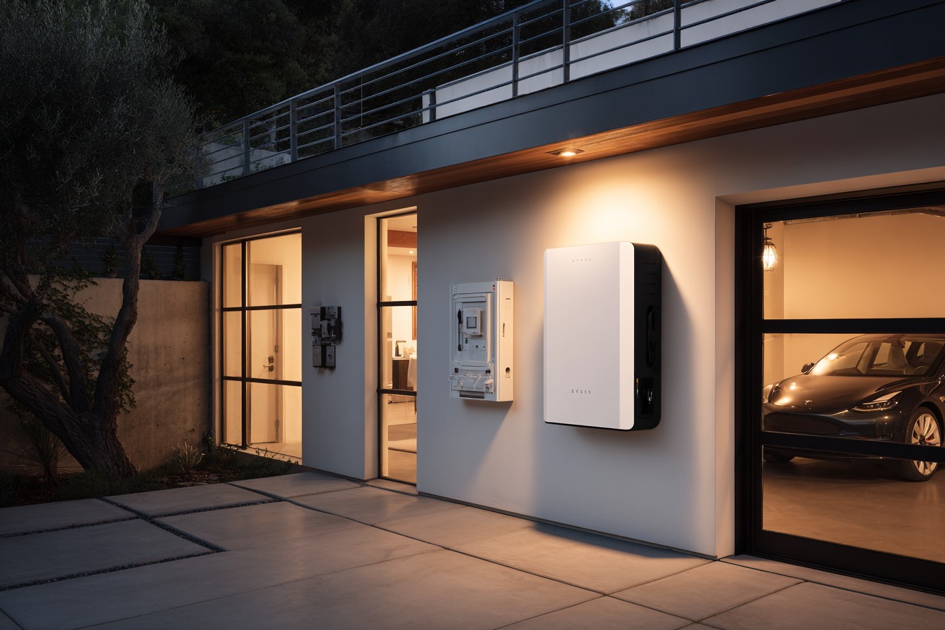 Home battery storage system on garage wall with sleek white unit
