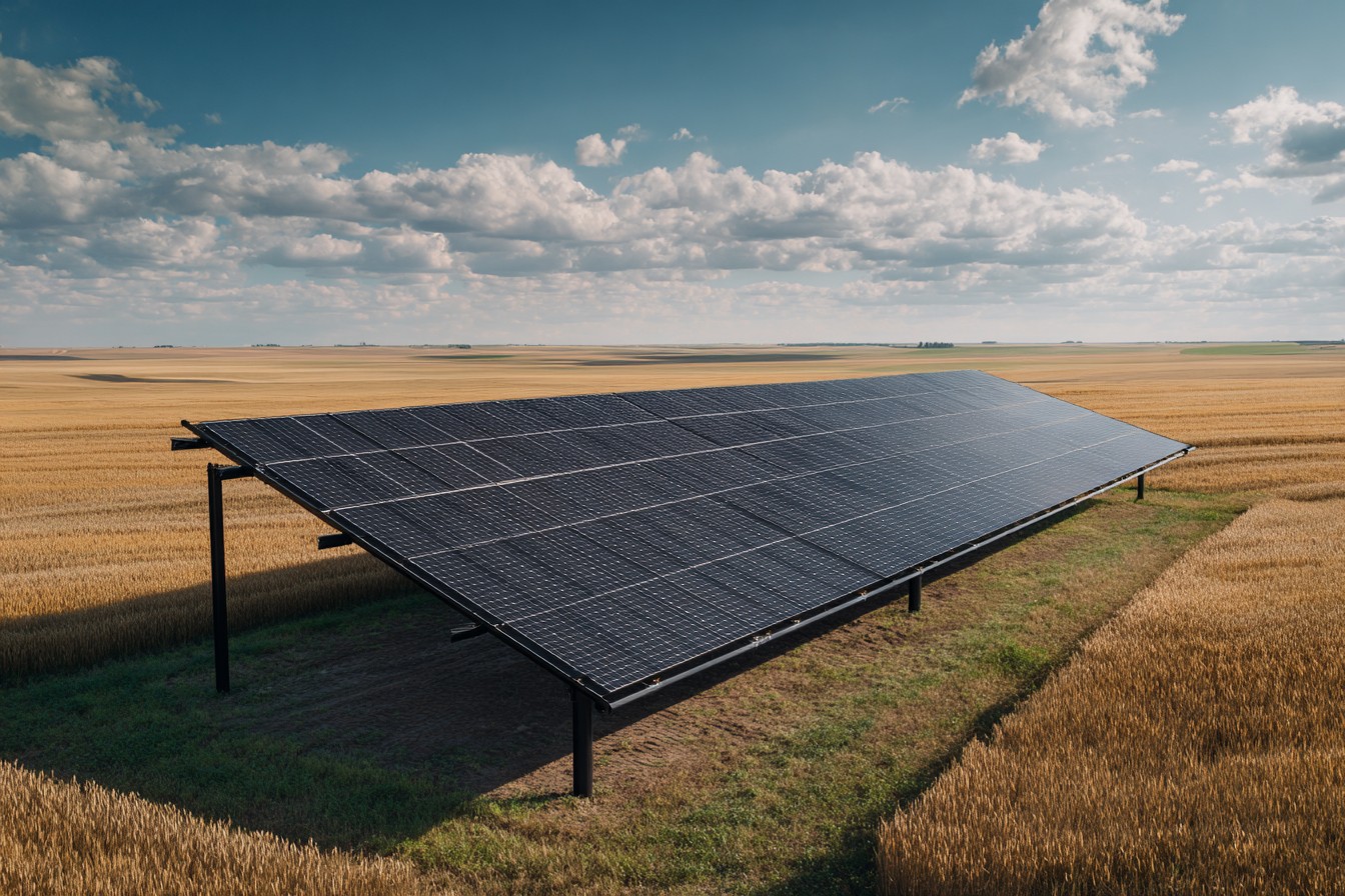 Elevated all-black solar panels above growing crops on Saskatchewan prairie for dual-use farming