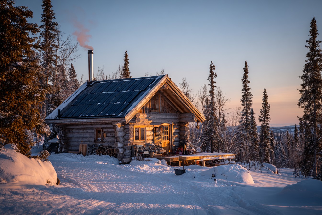 Cozy off-grid log cabin in Yukon wilderness with all-black solar panels and snowy landscape